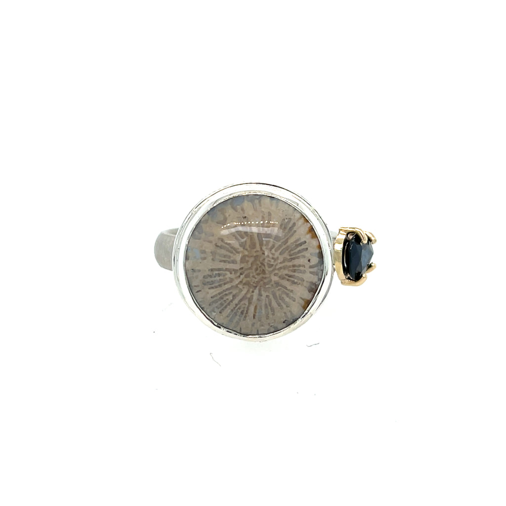 Fossilized Coral & Sapphire Ring