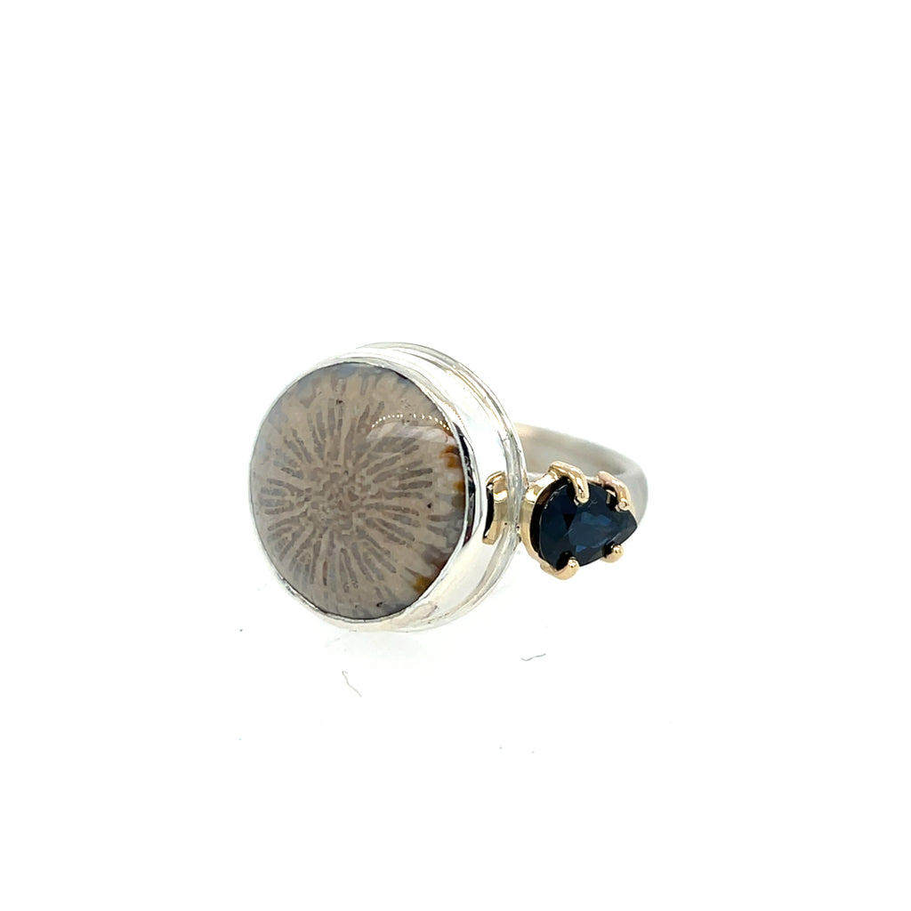 Fossilized Coral & Sapphire Ring